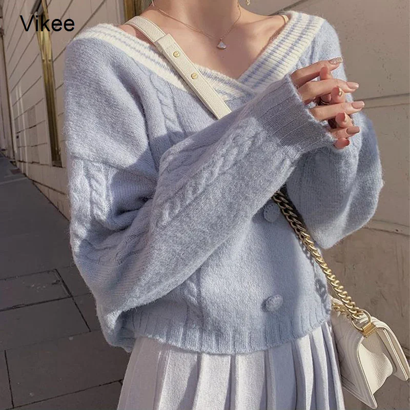 

Вязаный пуловер Vikee, свитер, женская зимняя Милая свободная Корейская женская одежда с длинным рукавом и V-образным вырезом, осень 2022