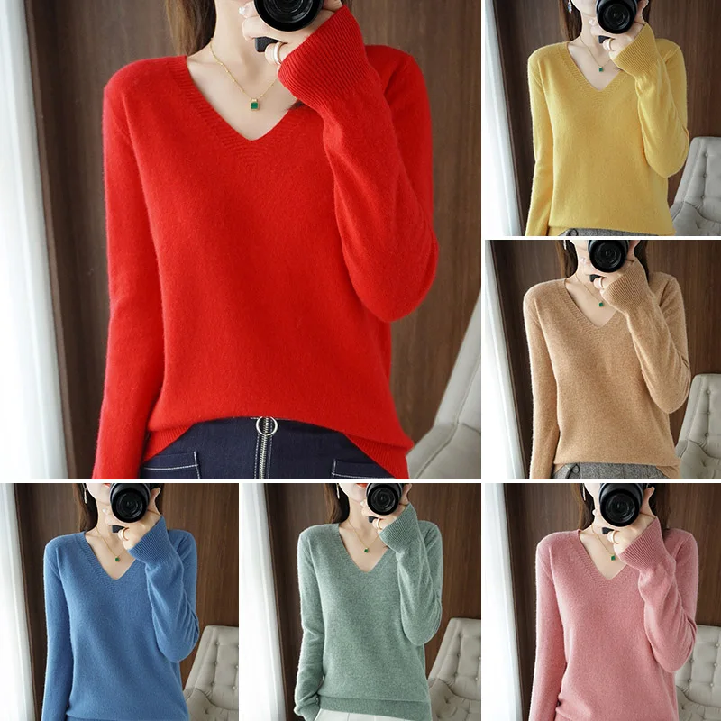 

Women Winter Wool Cashmere Sweater Knitted Sweater V-neck Long Sleeve Pullover Warm Jumper Tops Basic Sweaters