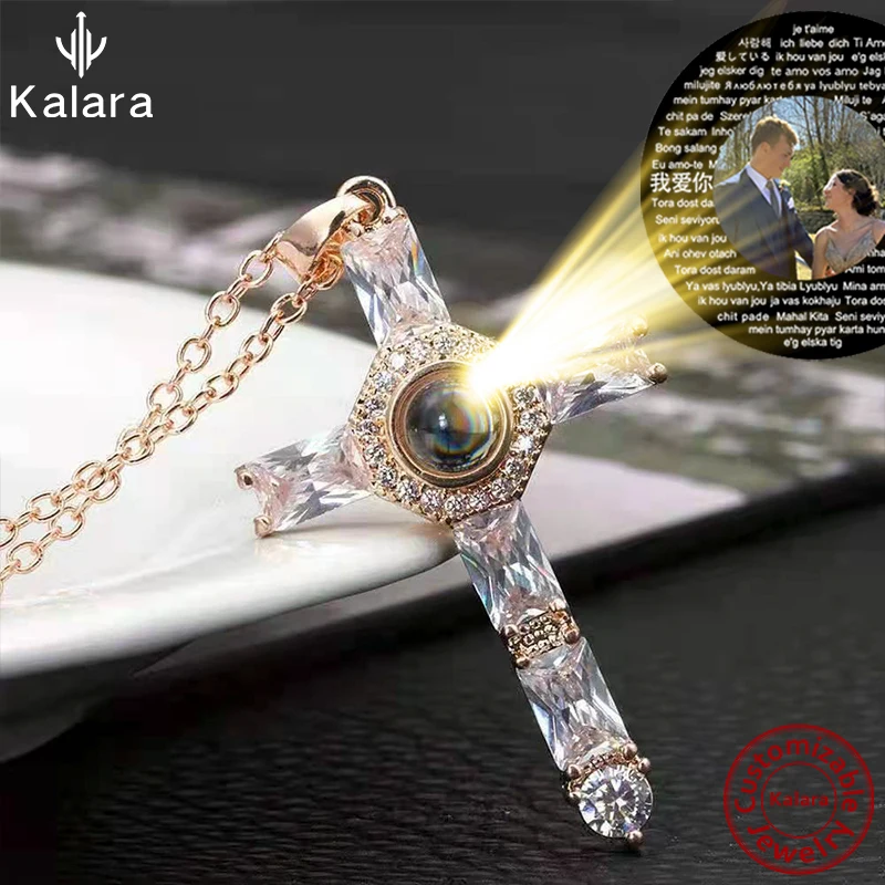 

Projection Necklace Cross Pendant Zircon Mosaic 100 Languages I Love You Custom Photo Valentine's Day Creative Personalized Gift