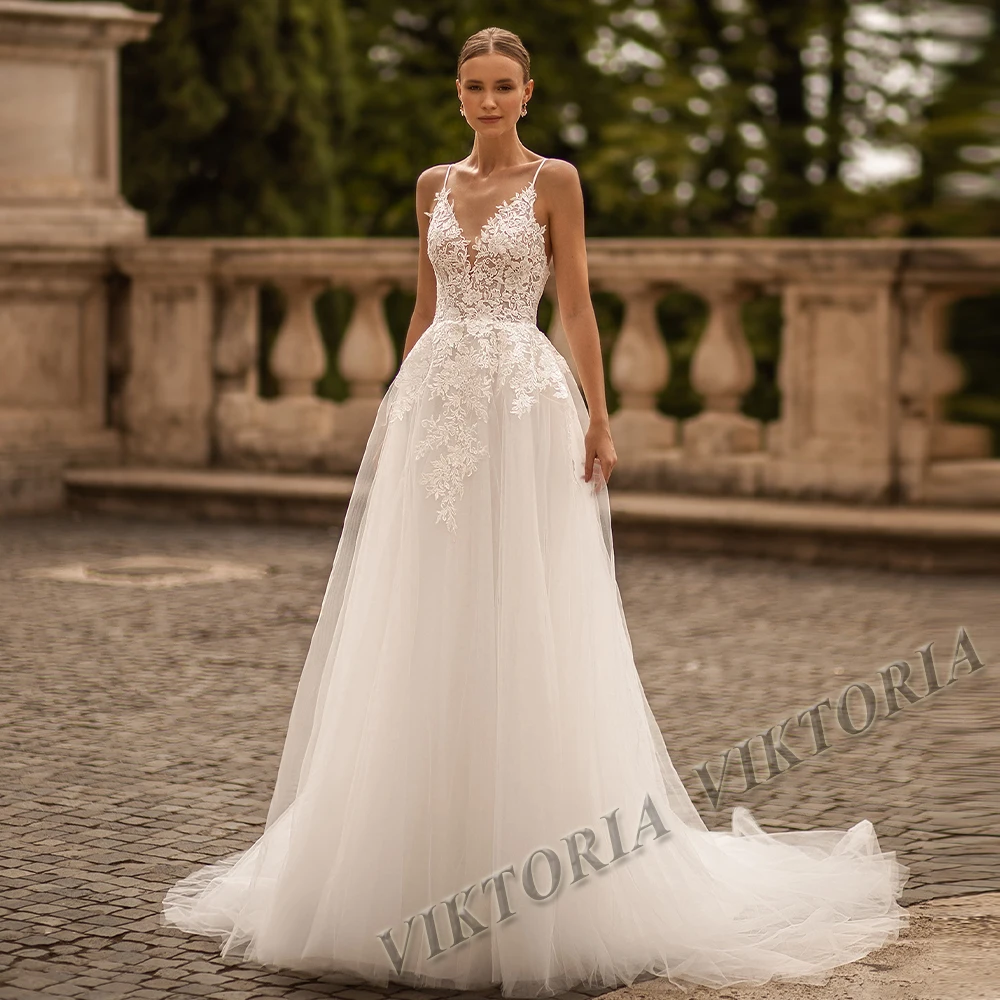 

VIKTORIA Bohemain Wedding Dress Pleat Tulle Sweetheart Spaghetti Straps For Woman A-LINE Appliques Vestidos De Novia Custom Made