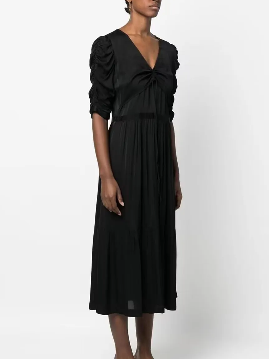 

Women Midi Robes Drawstring Short Sleeve Dress Fake Two Pieces