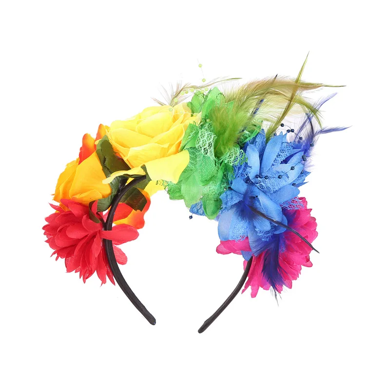 

Новинка 2022 повязка на голову с перекрестными краями в виде перьев для Хэллоуина черная Пряжка для головы розы головной убор с радужными цве...