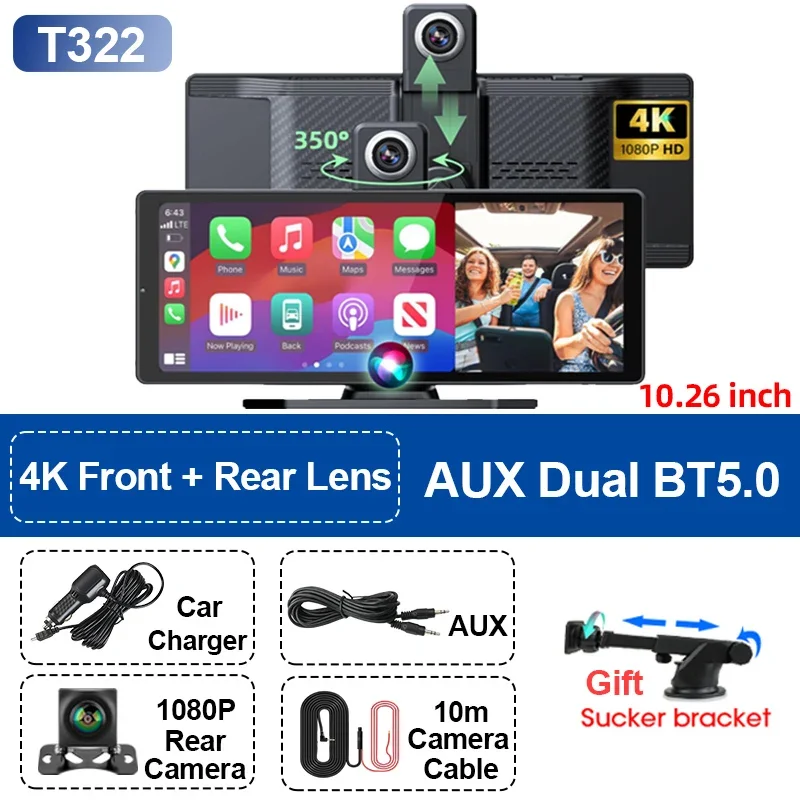 

10,26 ''Универсальный портативный автомобильный экран Carplay, беспроводной экран Carplay, беспроводная автомобильная стереосистема Carplay Android Auto, автомобильный сенсорный экран