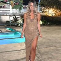 glitter prom dress long backless sleeveless halter mermaid prom gown for women sparkly thigh slit sexy night party dresses 2022