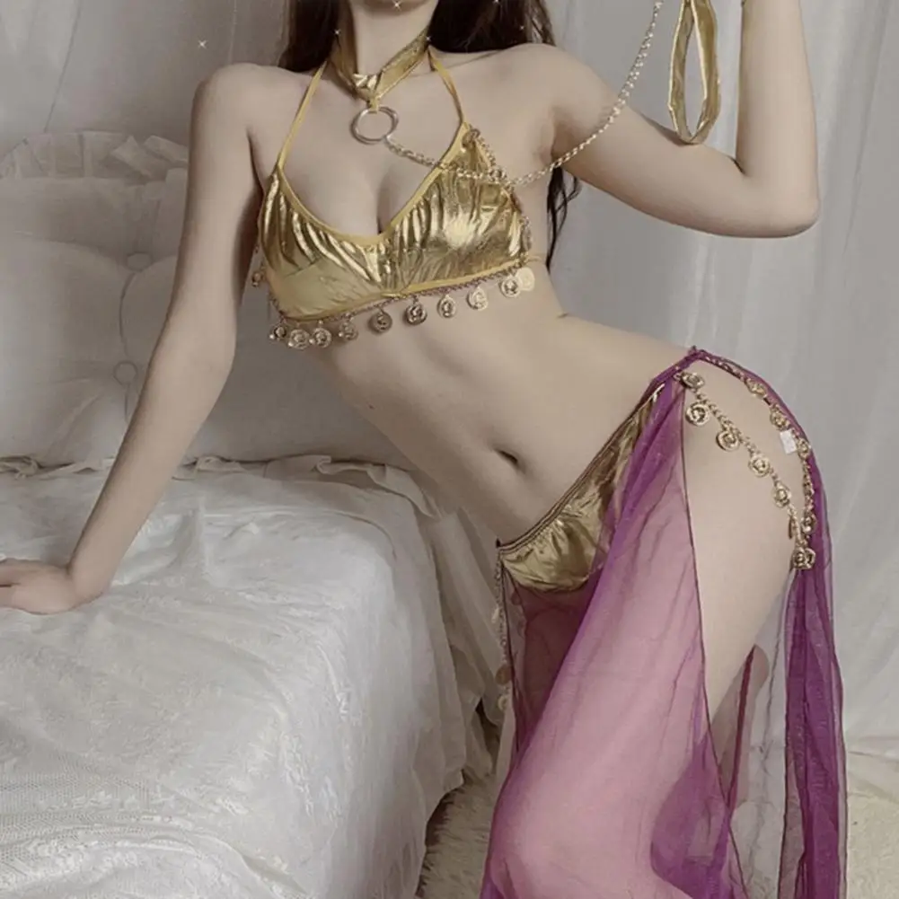 

1 Set Tassel Exotic Pornographic Low Waist Bra Panties Set with Neck Collar Sleeping Bra Skirt Set for Wedding Night