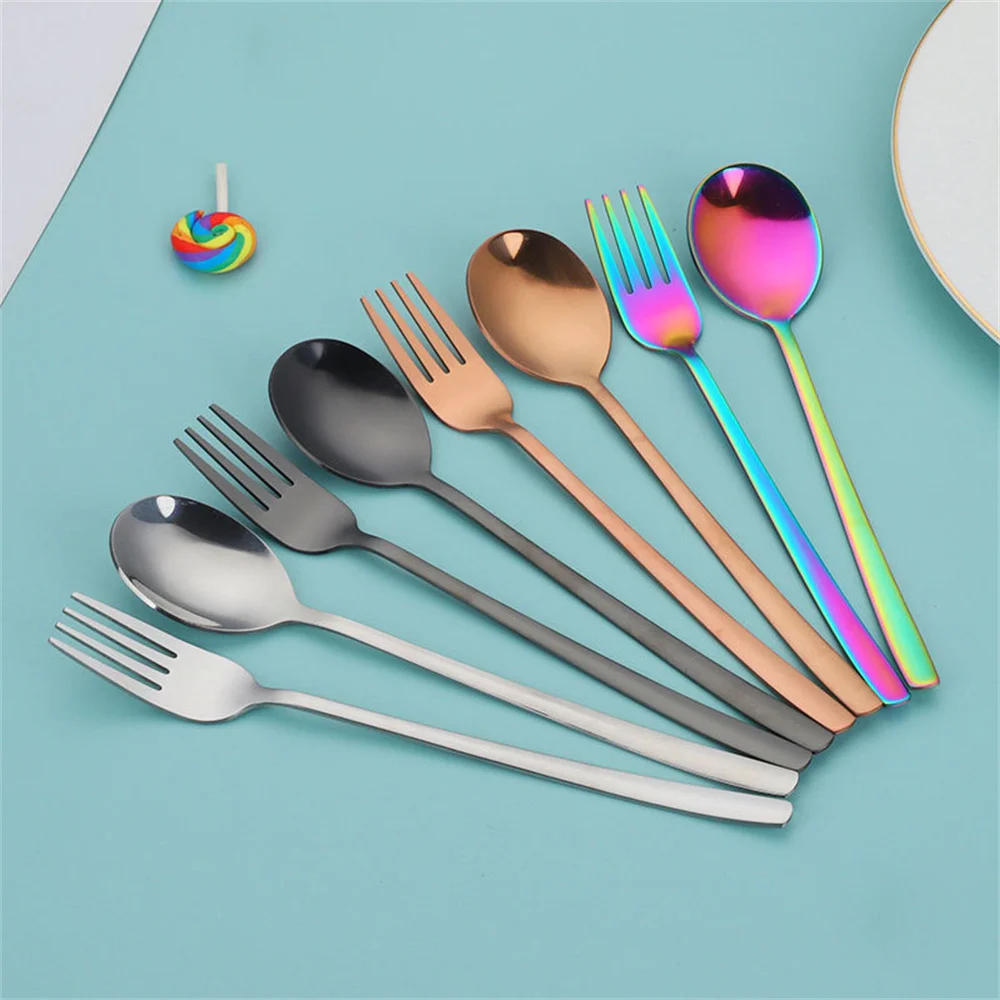 

2pcs/set Stainless Steel Spoon Fork Sets Kitchen Teaspoon Tableware Rainbow Fork and Spoon Dinnerware Sets Kitchen Supplies