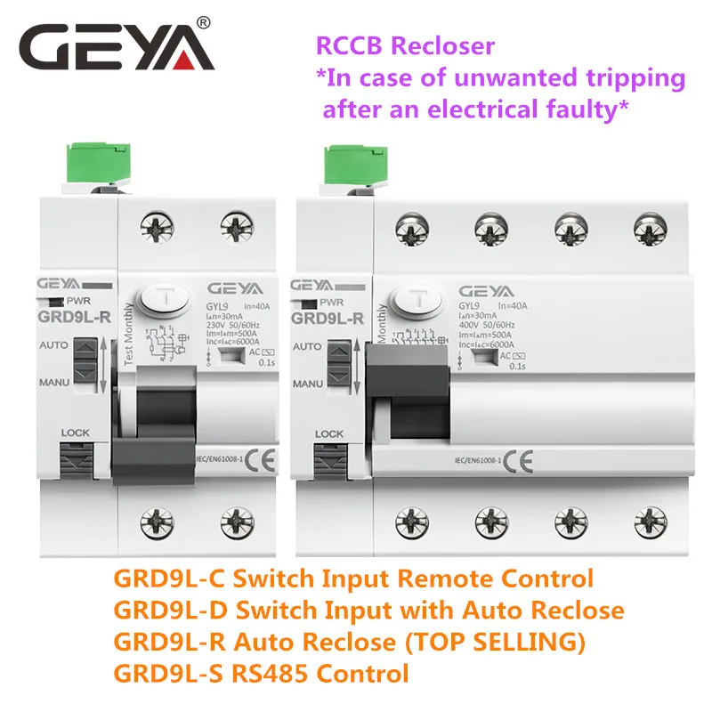 Disjuntor para Recarga Automática Dispositivo de Controle Remoto 2p 4p 40a 63a 30ma 100ma 300ma Rcd 6ka Elcb Rccb Geya Disjuntores