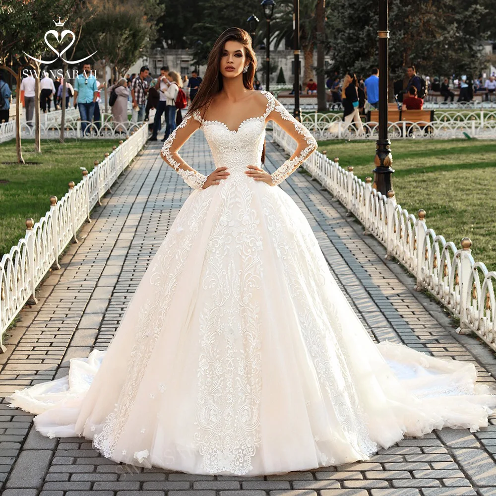 

Long Sleeve Ball Gown Wedding Dress 2023 Sweetheart 3D Flowers Vintage Princess Bride SwanSarah PY16 Plus Size Vestido De Novia