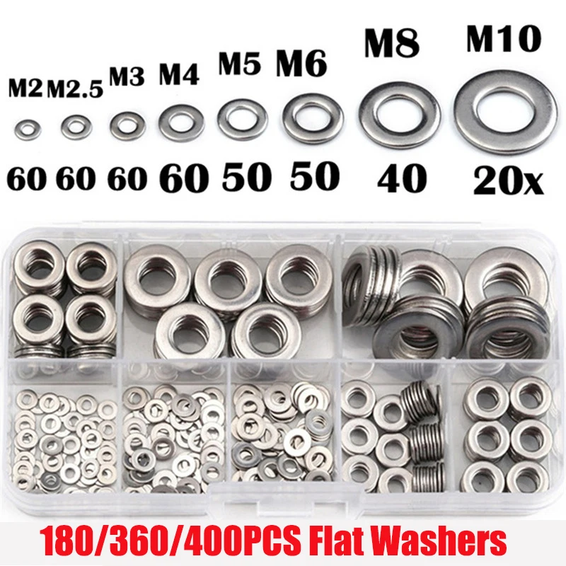 

400/360/180 PCS Stainless Steel Flat Washer Screw Fastener Sealing Ring Gasket Assortment Kit M2/M2.5/M3/M4/M5/M6/M8/M10 Washer