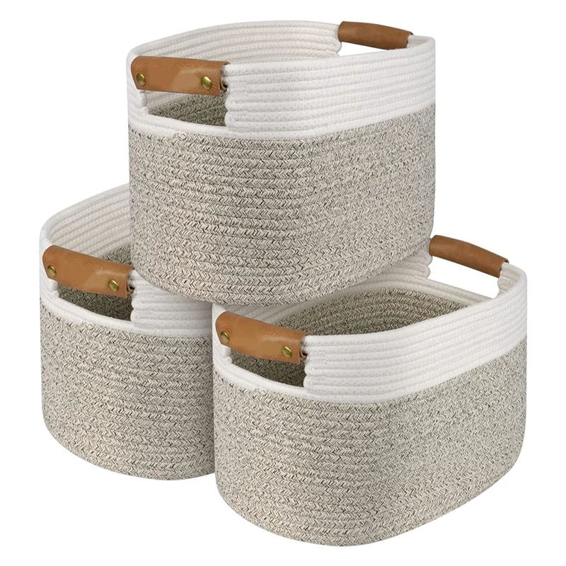 

3 Pack Woven Cotton Rope Square Storage Baskets, Shelf Baskets For Organizing,Decorative Baskets With Detachable Handles