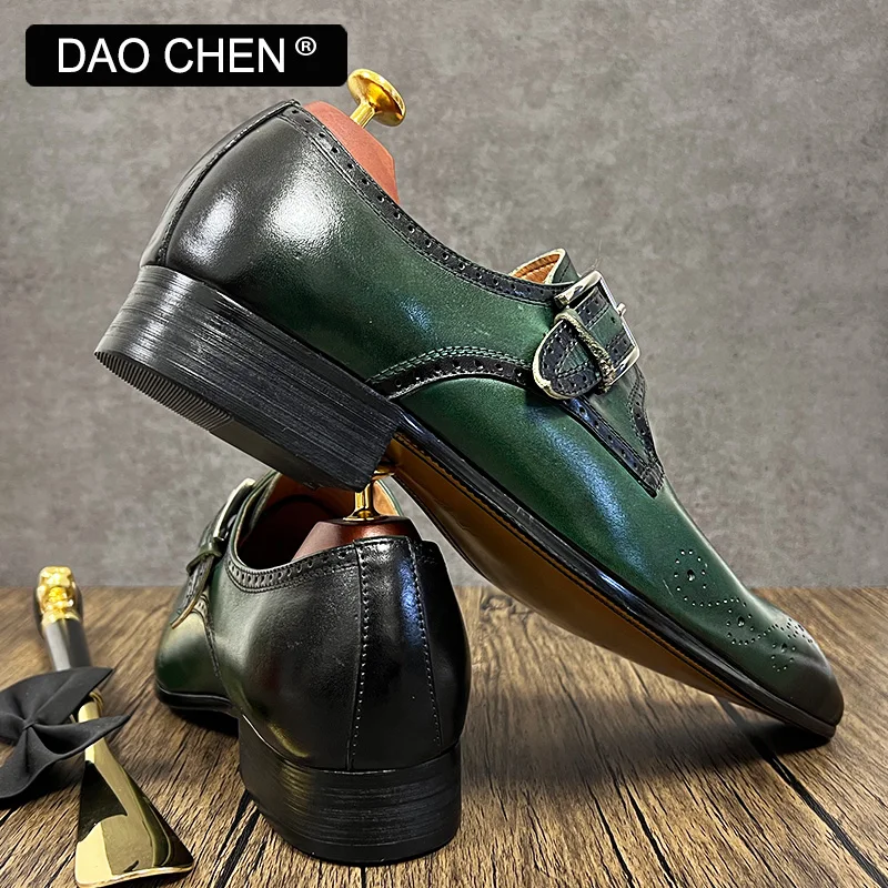 LUXURY BRAND MEN LOAFERS SHOES BUCKLE STRAP ELEGANT MENS DRESS SHOES GREEN BLACK OFFICE WEDDING GENUINE LEATHER CASUAL SHOES MEN