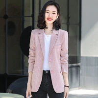 autumn temperament leisure pink plaid women blazers and coat long sleeved slim notched office lady clothes