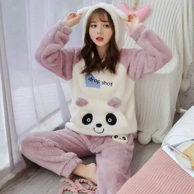 Winter Women Hooded Pajama Sets Cute Rabbit Sleepwear Home Clothing Flannel Thicken Warm Lounge Long Sleeve Home Wear