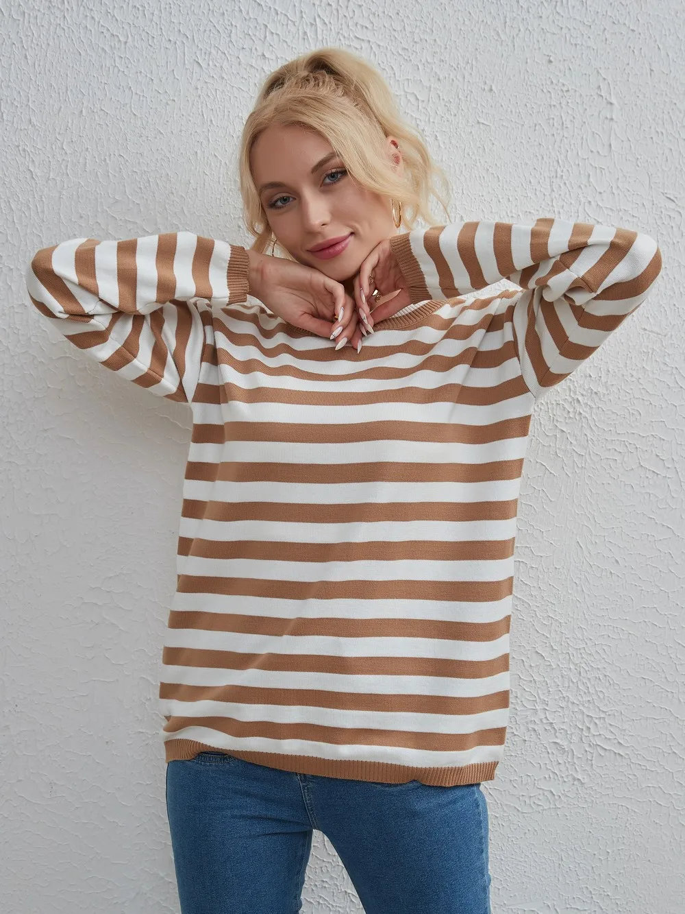 Женский свитер в полоску с круглым вырезом Wixra Повседневный пуловер длинными