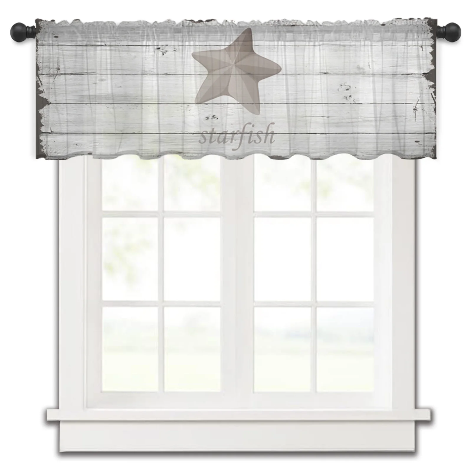 

Wood Grain Starfish Retro Kitchen Small Window Curtain Tulle Sheer Short Curtain Bedroom Living Room Home Decor Voile Drapes