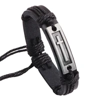 fashion cross tag bangle adjustable leather cuff wristband drawstring rope bracelet multi layer design leather bracelet