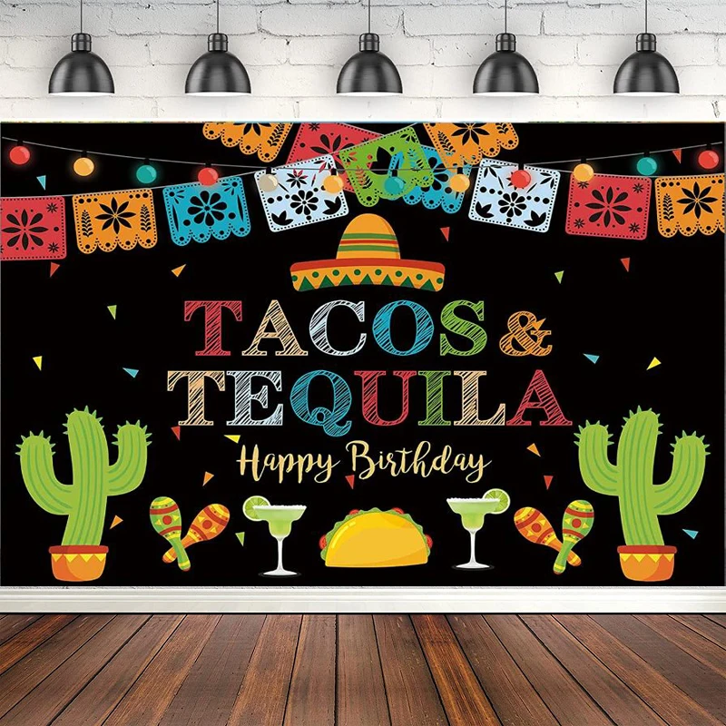 

Mexican Fiesta Photography Backdrop Happy Birthday Tacos And Tequila Colorful Lights Background Drop Cinco De Mayo Decor Banner