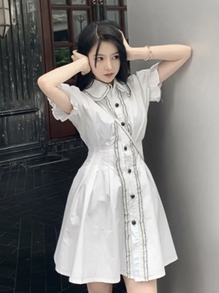 

Women's Summer Shirt Dress for Woman Lace Up Sweet Mini Dresses Puff Sleeves Party Robes Evening Simple Vestidos Female Clothing