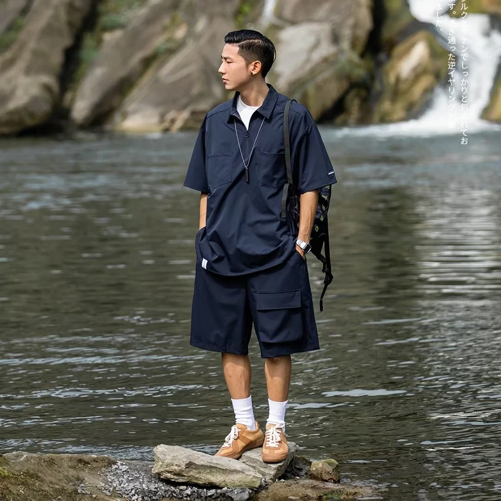 New Cargo Pants Short Suit Male Summer Solid Color Loose T Shirts Shorts 2 Piece Set Japan Outdoor Casual Tracksuit Men Clothing