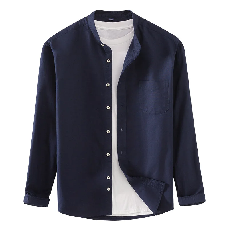 100% Cotton No Collar Oxford Solid Long Sleeve White Casual Slim Fit Fashion Men Social Shirt