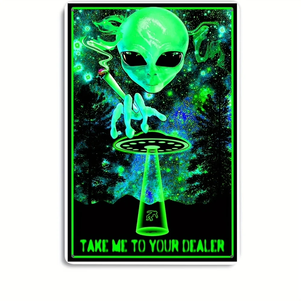 

1pc Alien Smoking Sign Metal Tin Sign 8x12 in Sign Black Light Blacklight Trippy Aesthetic Home Living Room Office Bedroom Adult