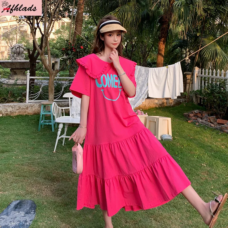 

Платье женское с коротким рукавом и отложным воротником, свободное прямое повседневное Милая одежда с надписью, с завышенной талией, лето