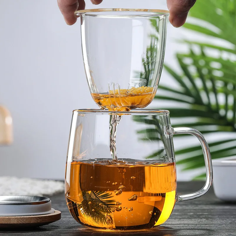

Creative Glass Tea Infuser Cup With Transparent Filter Handle Bamboo Lid Heat-resistant Flower Teacup Office Tea Mug Drinkware