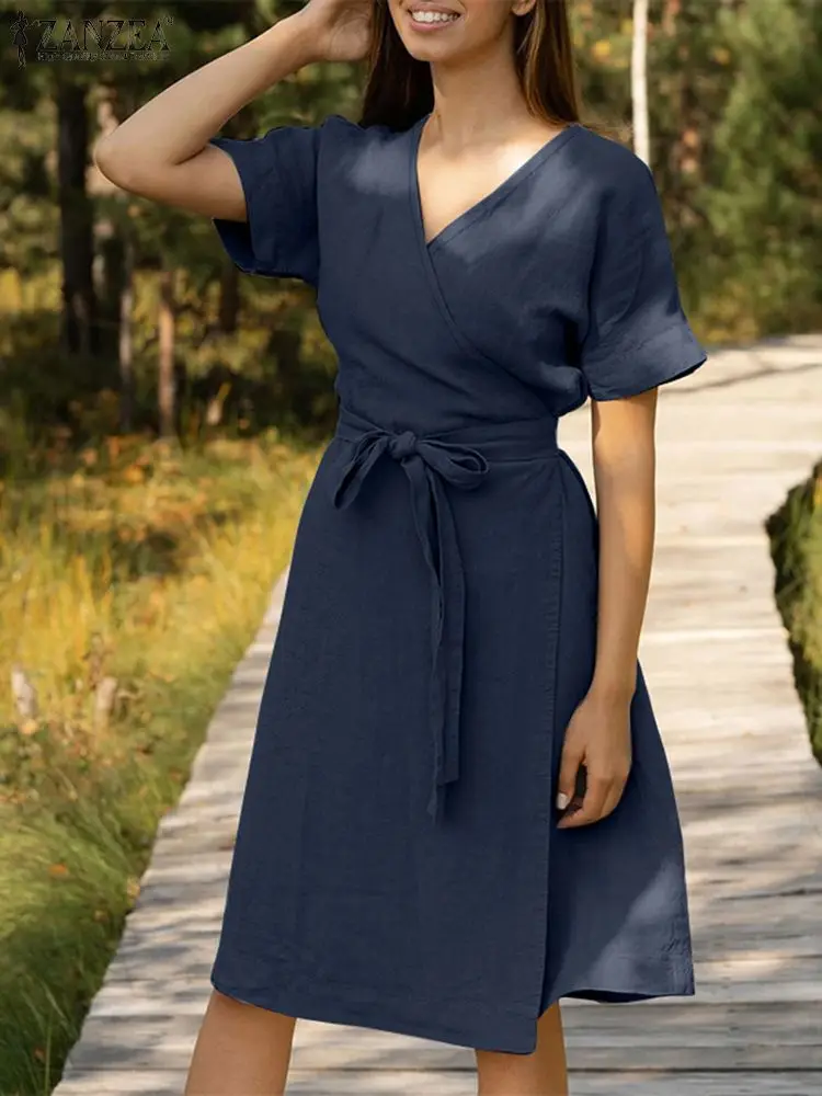 

ZANZEA Elegant Summer Dress Stylish Women V Neck Short Sleeve Solid Wrap Up Midi Sundress Casual Lace Up Work Vestidos Kaftan