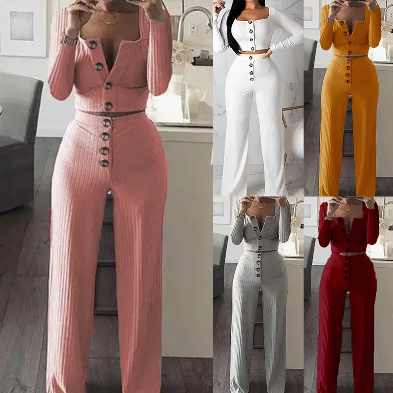 

Fashion Style Long-sleeved Cardigan Tops with Slimming Button Leisure Style Women Tops with Long Pants Set Sexy Two Piece Suit