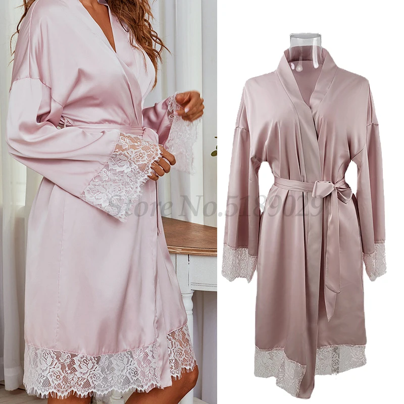 

New Style Satin Lace Patchwork Nightgown Kimono Robe Long Sleeve Sexy Full Slip Lace Women Bathrobe Gown Intimate Lingerie