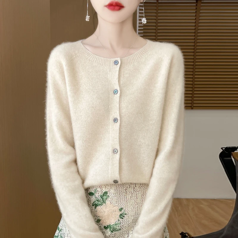 Бесшовный женский кардиган из 100% австралийской шерсти с круглым вырезом