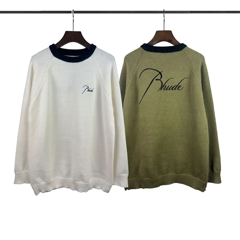 

New Vintage Embroidery Rhude Logo Sweater Men Women 1:1 Best Quality Oversized Patchwork Raglan Sleeve Sweatshirts Bermudas