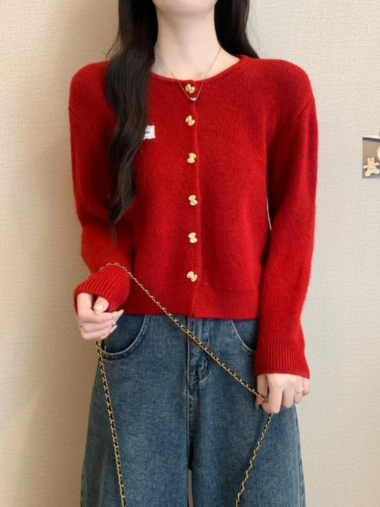 Изящный нежный вязаный кардиган с круглым вырезом и милым бантом пряжкой женский