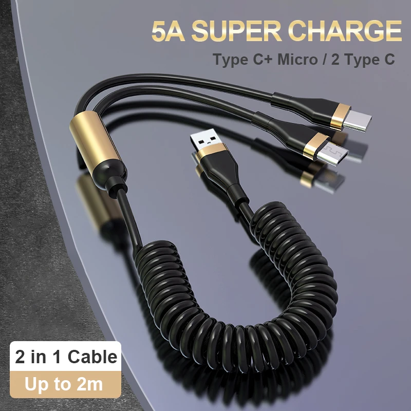 

5A USB Cable Type C Fast Charging Micro USB Wire for Xiaomi Mi 12 Poco Huawei One Plus 2 in 1 Retractable Super Charge Cord