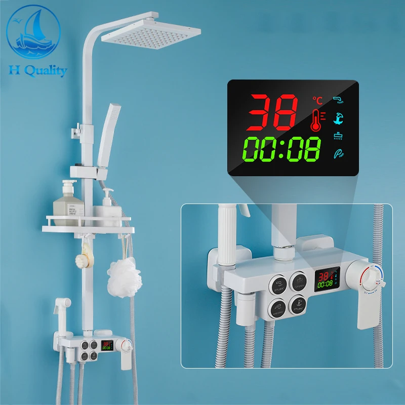 

Белый Термостатический смеситель для душа, кран «тропический душ», смеситель для биде с функцией термостатного цифрового дисплея, золотой ...