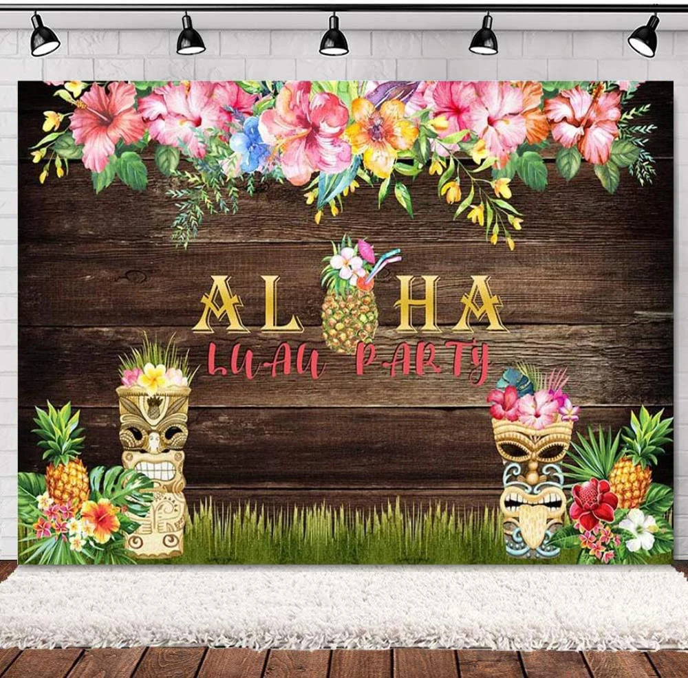 

Aloha Birthday Photography Backdrop Rustic Tropical Hawaiian Luau Party Baby Shower Wood Pineapple Pink Floral Tiki Background