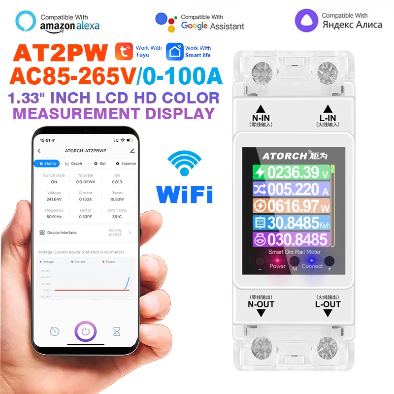 Tuya WIFI Din Rail Smart Energy Meter 100A 220V 110V Timer Power Consumption Monitor Digital Volt Amp Kwh Frequency Factor Meter