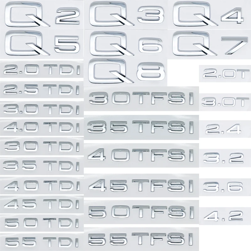 

Цифры ABS буквы Q2 Q3 Q4 Q5 Q6 Q7 Q8 30 35 40 45 50 55 TDI TFSI 2.0T Эмблема для автомобиля Крыло Багажник Задний логотип Наклейка