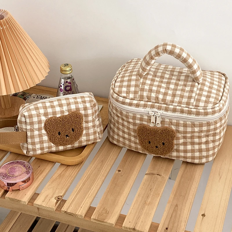 Cute Bear Khaki Makeup Bag Large Capacity Portable Cosmetic Bags Zipper Pure Cotton Plaid Brushes Pouch Case For Women Girls