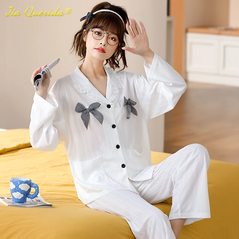 Conjunto de Pijamas de algodón suave con cuello vuelto para mujer, ropa de dormir Kawaii con lazo de decoración, Chic, encantadora, de ocio, para otoño