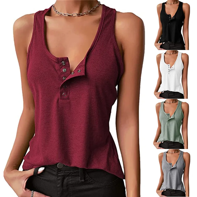 Купи Women's Clothing New Fashion Casual Solid Color U-neck Button Sleeveless Tank Top T-shirt Women Summer Cozy Women's Top за 815 рублей в магазине AliExpress