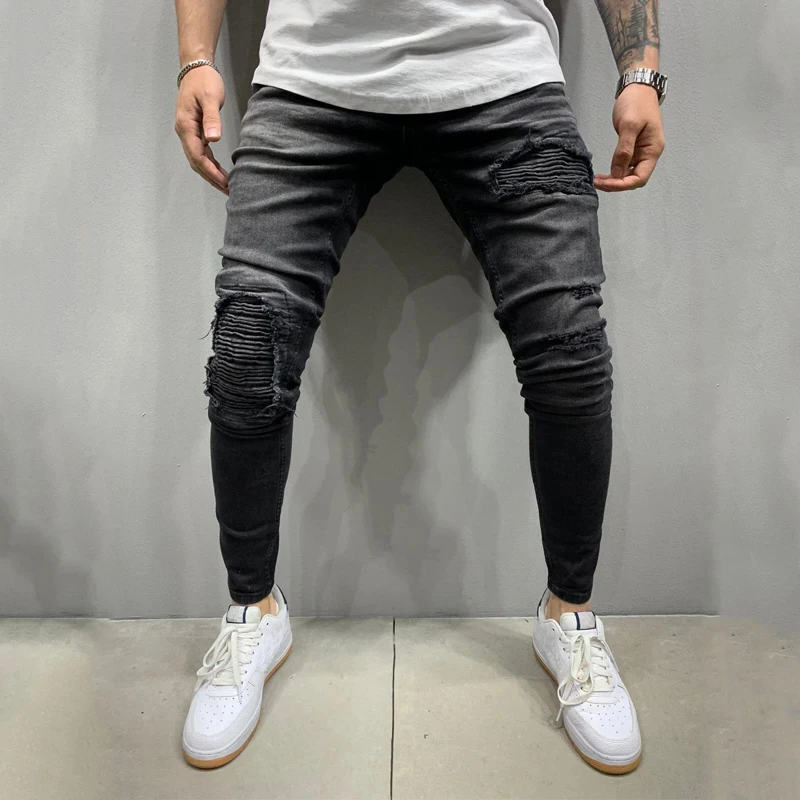 High quality street men's European and American men's ripped elastic skinny jeans torn trousers youth student casual trend pants