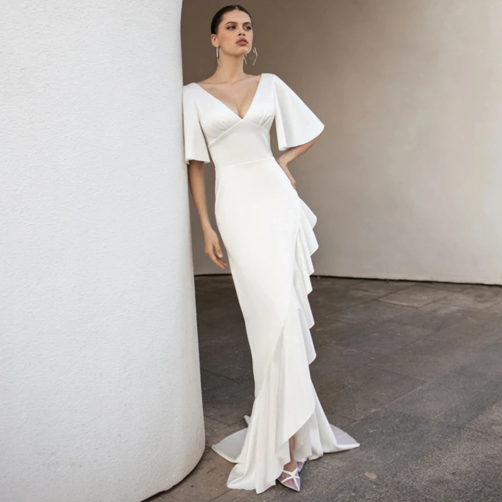 

Женское платье с юбкой-годе, сексуальное платье невесты с V-образным вырезом, Боковым Разрезом и оборками по краям, свадебное платье принцессы, официальное пляжное платье