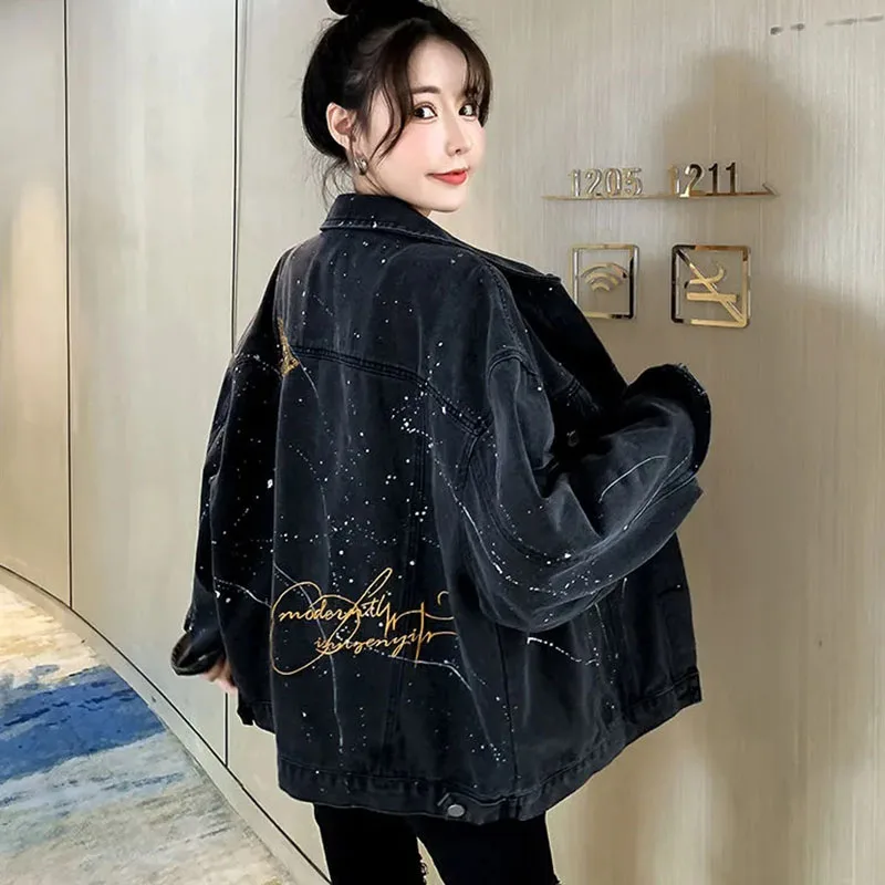 

New Spring Autumn Basic Jacket Women's Denim Jackets Embroidered Korean Loose Bomber Outerwear Casual Trench Coat Trend Black