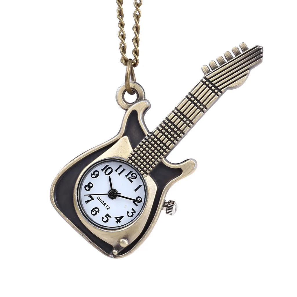 

New classic retro pocket watch gift guitar shape bronze personality quartz pocket watch accessories Unisex Pocket Fob Watches