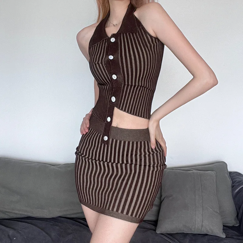 

Women Sleeveless Knit Two Piece Set Ribbed Asymmetrical Crop Top and Skirt Sets 2023 Summer Fashion Bodycon Streetwear