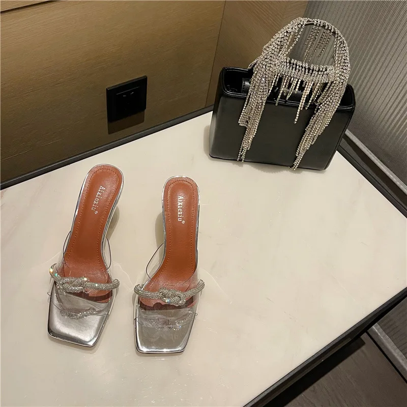 

Glitter Slides High-Heeled Shoes Lady Low Ladies' Slippers Slipers Women Jelly Thin 2022 Summer Basic Fabric Rubber Rome PVC Sca