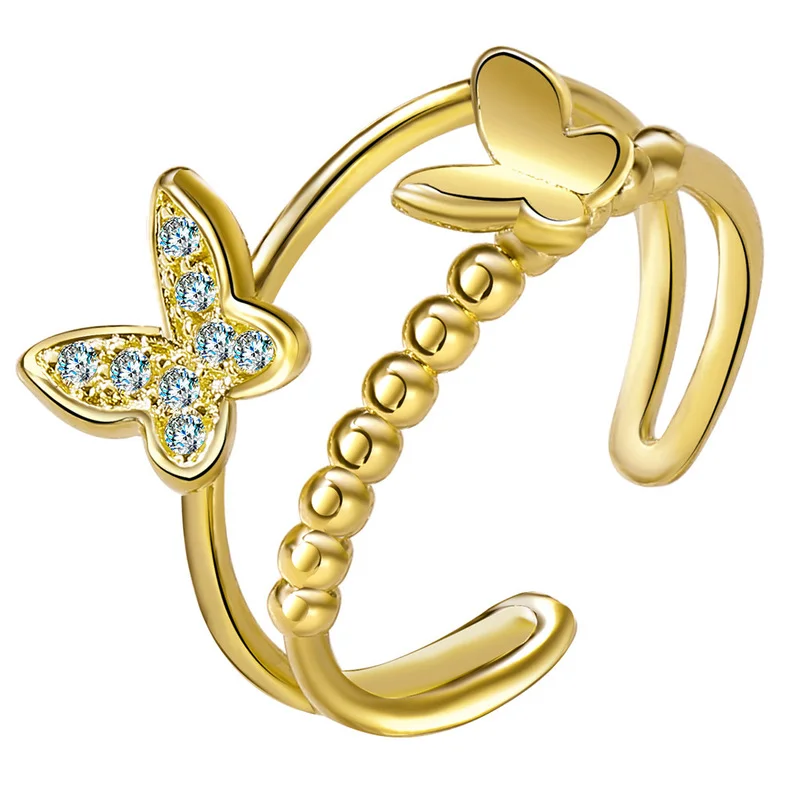 

2022 New Korean Women's Fashion Jewelry Creative Butterfly Crystal Open Ring for Women's Personality Double Gold Ring Jewelry