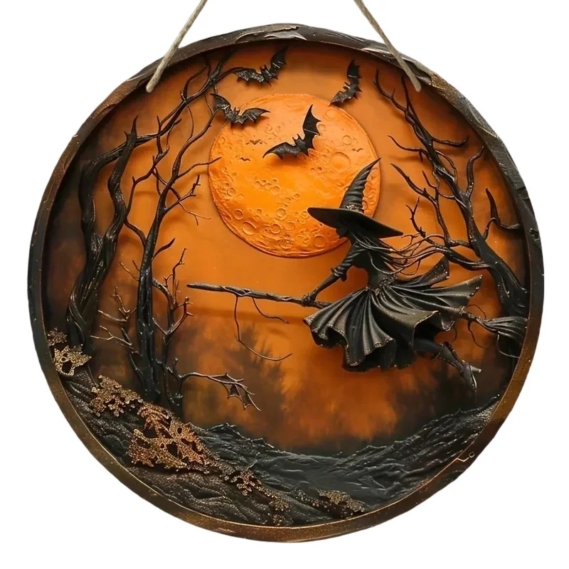 

Круглая Деревянная 2D-вывеска В Ретро-стиле На Хэллоуин — Тема «Ведьма, Летучая Мышь, Луна». Подходит Для Украшения Дома, Ком...