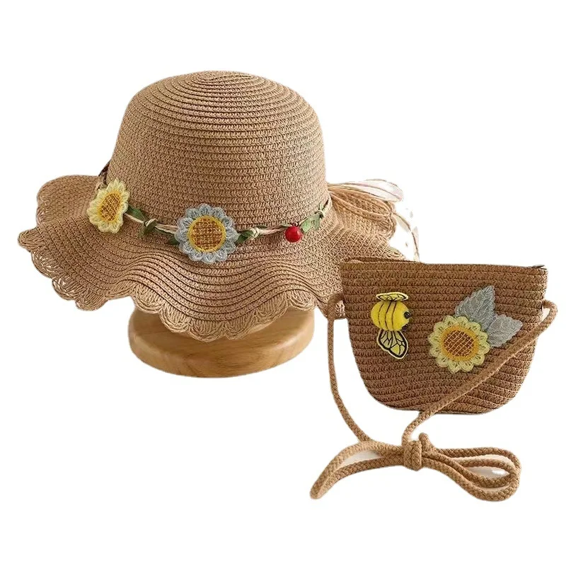 

New girls Beach Princess sun hat Children flower straw hat bag set Sun hat summer cooling